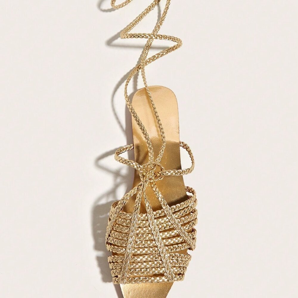 Gold Bohemian Women's Braided Strap Sandals with Random Texture - Picture 5 of 6